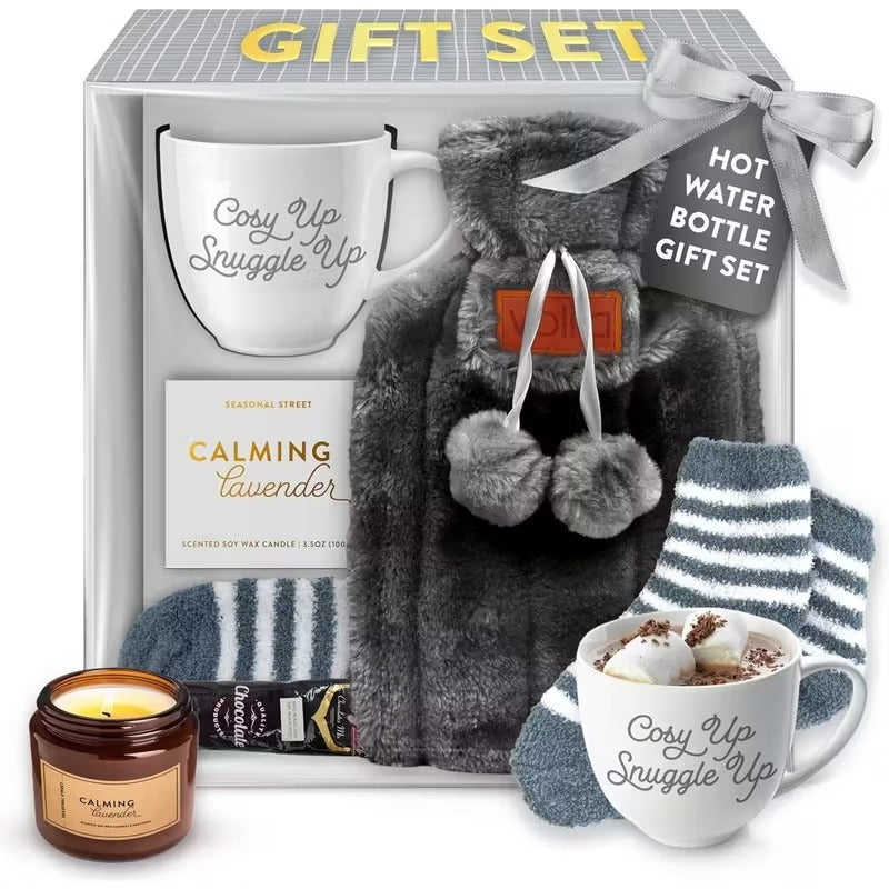 GlowHaven Women’s Cozy Gift Set – Mug, Candle, Socks & Hot Water Bottle